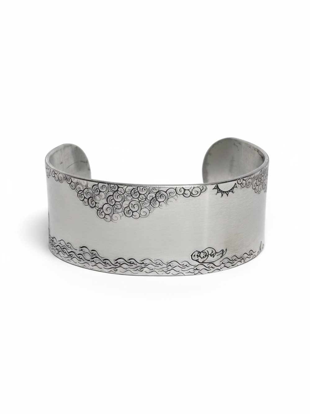 Handmade stamped Alaskan ocean‎ scene adjustable wide Cuff Bracelet